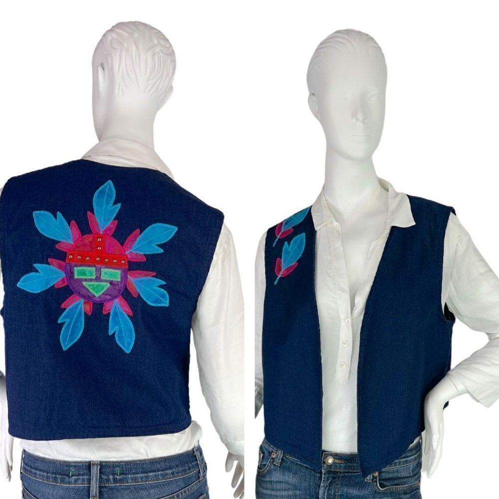 Alfredo's Wife Handmade Blue Denim Vest with Applique Design Size XS